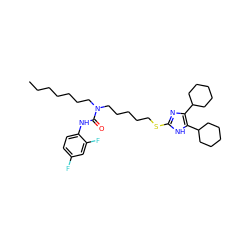 CCCCCCCN(CCCCCSc1nc(C2CCCCC2)c(C2CCCCC2)[nH]1)C(=O)Nc1ccc(F)cc1F ZINC000036330806