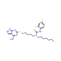 CCCCCCCN(CCCCCSc1nc(N)c2c[nH]nc2n1)C(=O)Nc1ccc(F)cc1F ZINC000036330910