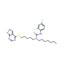 CCCCCCCN(CCCCCSc1ncnc2n[nH]cc12)C(=O)Nc1ccc(F)cc1F ZINC000036330929