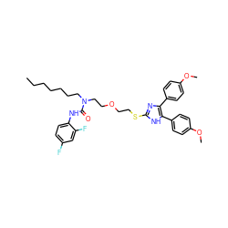 CCCCCCCN(CCOCCSc1nc(-c2ccc(OC)cc2)c(-c2ccc(OC)cc2)[nH]1)C(=O)Nc1ccc(F)cc1F ZINC000049600080