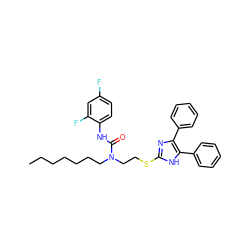 CCCCCCCN(CCSc1nc(-c2ccccc2)c(-c2ccccc2)[nH]1)C(=O)Nc1ccc(F)cc1F ZINC000036331417