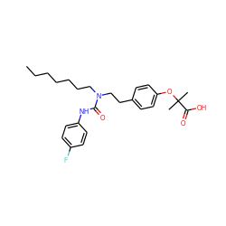 CCCCCCCN(CCc1ccc(OC(C)(C)C(=O)O)cc1)C(=O)Nc1ccc(F)cc1 ZINC000014096589