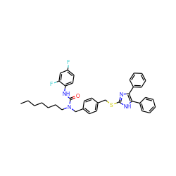 CCCCCCCN(Cc1ccc(CSc2nc(-c3ccccc3)c(-c3ccccc3)[nH]2)cc1)C(=O)Nc1ccc(F)cc1F ZINC000036331443