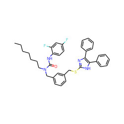 CCCCCCCN(Cc1cccc(CSc2nc(-c3ccccc3)c(-c3ccccc3)[nH]2)c1)C(=O)Nc1ccc(F)cc1F ZINC000036331387