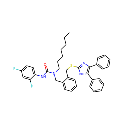 CCCCCCCN(Cc1ccccc1CSc1nc(-c2ccccc2)c(-c2ccccc2)[nH]1)C(=O)Nc1ccc(F)cc1F ZINC000036331430