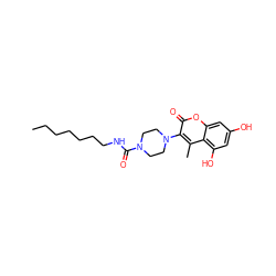 CCCCCCCNC(=O)N1CCN(c2c(C)c3c(O)cc(O)cc3oc2=O)CC1 ZINC000049762535