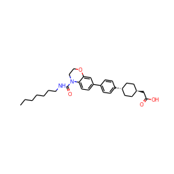 CCCCCCCNC(=O)N1CCOc2cc(-c3ccc([C@H]4CC[C@H](CC(=O)O)CC4)cc3)ccc21 ZINC000261142129