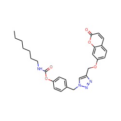 CCCCCCCNC(=O)Oc1ccc(Cn2cc(COc3ccc4ccc(=O)oc4c3)nn2)cc1 ZINC000653823182