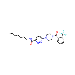 CCCCCCCNC(=O)c1ccc(N2CCN(C(=O)c3ccccc3C(F)(F)F)CC2)nn1 ZINC000095597007