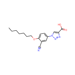 CCCCCCCOc1ccc(-n2cc(C(=O)O)nn2)cc1C#N ZINC001772610200