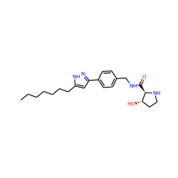 CCCCCCCc1cc(-c2ccc(CNC(=O)[C@H]3NCC[C@@H]3O)cc2)n[nH]1 ZINC000058494617