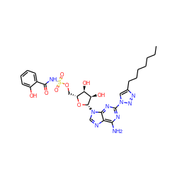 CCCCCCCc1cn(-c2nc(N)c3ncn([C@@H]4O[C@H](COS(=O)(=O)NC(=O)c5ccccc5O)[C@@H](O)[C@H]4O)c3n2)nn1 ZINC000058534902