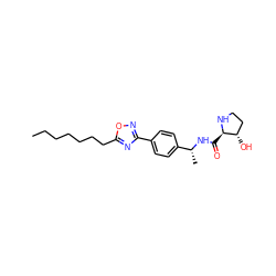 CCCCCCCc1nc(-c2ccc([C@@H](C)NC(=O)[C@H]3NCC[C@@H]3O)cc2)no1 ZINC000058502028