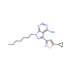 CCCCCCCn1nc(-c2cc(C3CC3)on2)c2c(N)ncnc21 ZINC000653775571