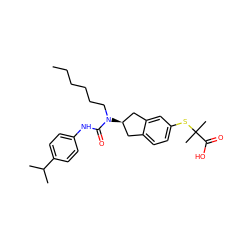 CCCCCCN(C(=O)Nc1ccc(C(C)C)cc1)[C@@H]1Cc2ccc(SC(C)(C)C(=O)O)cc2C1 ZINC000028972080