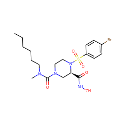 CCCCCCN(C)C(=O)N1CCN(S(=O)(=O)c2ccc(Br)cc2)[C@@H](C(=O)NO)C1 ZINC000013804692