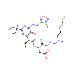 CCCCCCN(C)CNCC(=O)[C@H](CC(=O)O)NC(=O)[C@@H](CC)n1cc(C(C)(CC)CC)nc(NCc2nonc2C)c1=O ZINC000028137447