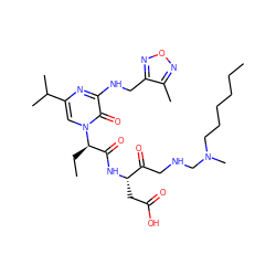 CCCCCCN(C)CNCC(=O)[C@H](CC(=O)O)NC(=O)[C@@H](CC)n1cc(C(C)C)nc(NCc2nonc2C)c1=O ZINC000028135577