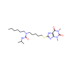 CCCCCCN(CCCCCSc1nc2c([nH]1)c(=O)n(C)c(=O)n2C)C(=O)NC(C)C ZINC000029415852