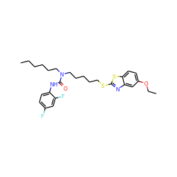 CCCCCCN(CCCCCSc1nc2cc(OCC)ccc2s1)C(=O)Nc1ccc(F)cc1F ZINC000029405049