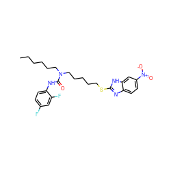 CCCCCCN(CCCCCSc1nc2ccc([N+](=O)[O-])cc2[nH]1)C(=O)Nc1ccc(F)cc1F ZINC000029461911