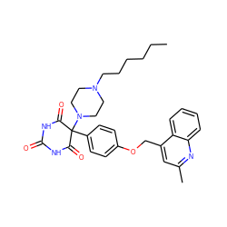 CCCCCCN1CCN(C2(c3ccc(OCc4cc(C)nc5ccccc45)cc3)C(=O)NC(=O)NC2=O)CC1 ZINC000023254589