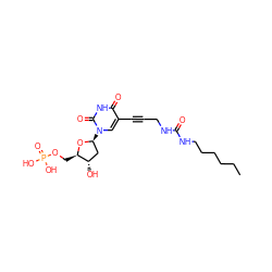 CCCCCCNC(=O)NCC#Cc1cn([C@H]2C[C@H](O)[C@@H](COP(=O)(O)O)O2)c(=O)[nH]c1=O ZINC000072106419