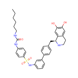 CCCCCCNC(=O)Nc1ccc(S(=O)(=O)Nc2cccc(-c3ccc(C[C@@H]4NCCc5cc(O)c(O)cc54)cc3)c2)cc1 ZINC000026384705