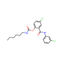 CCCCCCNC(=O)Oc1ccc(Cl)cc1C(=O)Nc1cccc(Cl)c1 ZINC000045393404