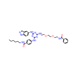 CCCCCCNC(=O)c1ccc(Nc2nc(NCCOCCOCCNC(=O)c3ccccc3)nc(Nc3ccc4[nH]ncc4c3)n2)cc1 ZINC000203754984