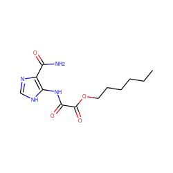 CCCCCCOC(=O)C(=O)Nc1[nH]cnc1C(N)=O ZINC000013756628