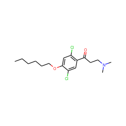 CCCCCCOc1cc(Cl)c(C(=O)CCN(C)C)cc1Cl ZINC000043060305