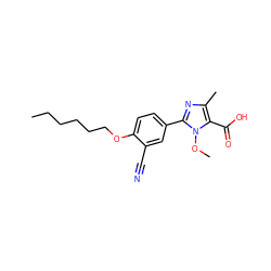 CCCCCCOc1ccc(-c2nc(C)c(C(=O)O)n2OC)cc1C#N ZINC000205076121