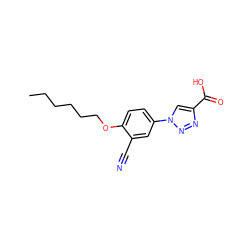 CCCCCCOc1ccc(-n2cc(C(=O)O)nn2)cc1C#N ZINC001772655038