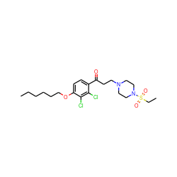 CCCCCCOc1ccc(C(=O)CCN2CCN(S(=O)(=O)CC)CC2)c(Cl)c1Cl ZINC000042990012