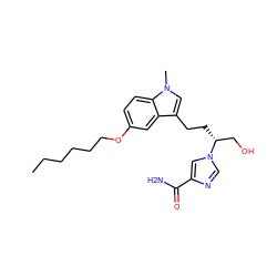 CCCCCCOc1ccc2c(c1)c(CC[C@H](CO)n1cnc(C(N)=O)c1)cn2C ZINC000013580977