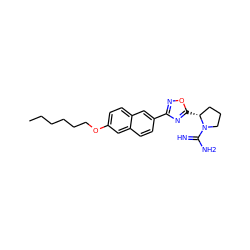 CCCCCCOc1ccc2cc(-c3noc([C@@H]4CCCN4C(=N)N)n3)ccc2c1 ZINC000653857933