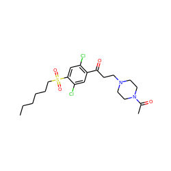 CCCCCCS(=O)(=O)c1cc(Cl)c(C(=O)CCN2CCN(C(C)=O)CC2)cc1Cl ZINC000043075047