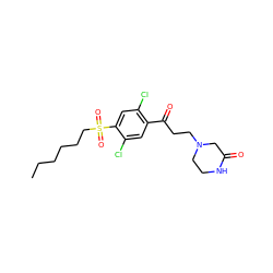 CCCCCCS(=O)(=O)c1cc(Cl)c(C(=O)CCN2CCNC(=O)C2)cc1Cl ZINC000043080303