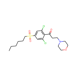 CCCCCCS(=O)(=O)c1cc(Cl)c(C(=O)CCN2CCOCC2)c(Cl)c1 ZINC000043074481