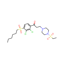 CCCCCCS(=O)(=O)c1ccc(C(=O)CCN2CCN(S(=O)(=O)CC)CC2)c(Cl)c1Cl ZINC000043063408