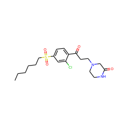 CCCCCCS(=O)(=O)c1ccc(C(=O)CCN2CCNC(=O)C2)c(Cl)c1 ZINC000084475335