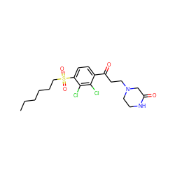 CCCCCCS(=O)(=O)c1ccc(C(=O)CCN2CCNC(=O)C2)c(Cl)c1Cl ZINC000043016418