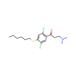 CCCCCCSc1cc(Cl)c(C(=O)CCN(C)C)cc1Cl ZINC000043074869