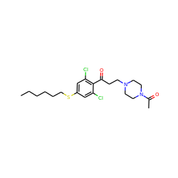 CCCCCCSc1cc(Cl)c(C(=O)CCN2CCN(C(C)=O)CC2)c(Cl)c1 ZINC000043013425