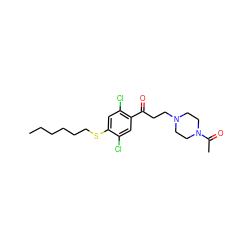 CCCCCCSc1cc(Cl)c(C(=O)CCN2CCN(C(C)=O)CC2)cc1Cl ZINC000043070969