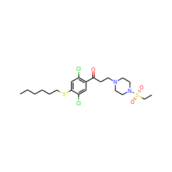 CCCCCCSc1cc(Cl)c(C(=O)CCN2CCN(S(=O)(=O)CC)CC2)cc1Cl ZINC000043067841