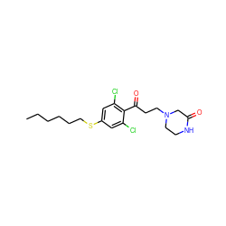 CCCCCCSc1cc(Cl)c(C(=O)CCN2CCNC(=O)C2)c(Cl)c1 ZINC000043060212