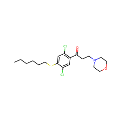 CCCCCCSc1cc(Cl)c(C(=O)CCN2CCOCC2)cc1Cl ZINC000042922985