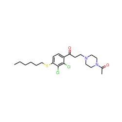 CCCCCCSc1ccc(C(=O)CCN2CCN(C(C)=O)CC2)c(Cl)c1Cl ZINC000043078223